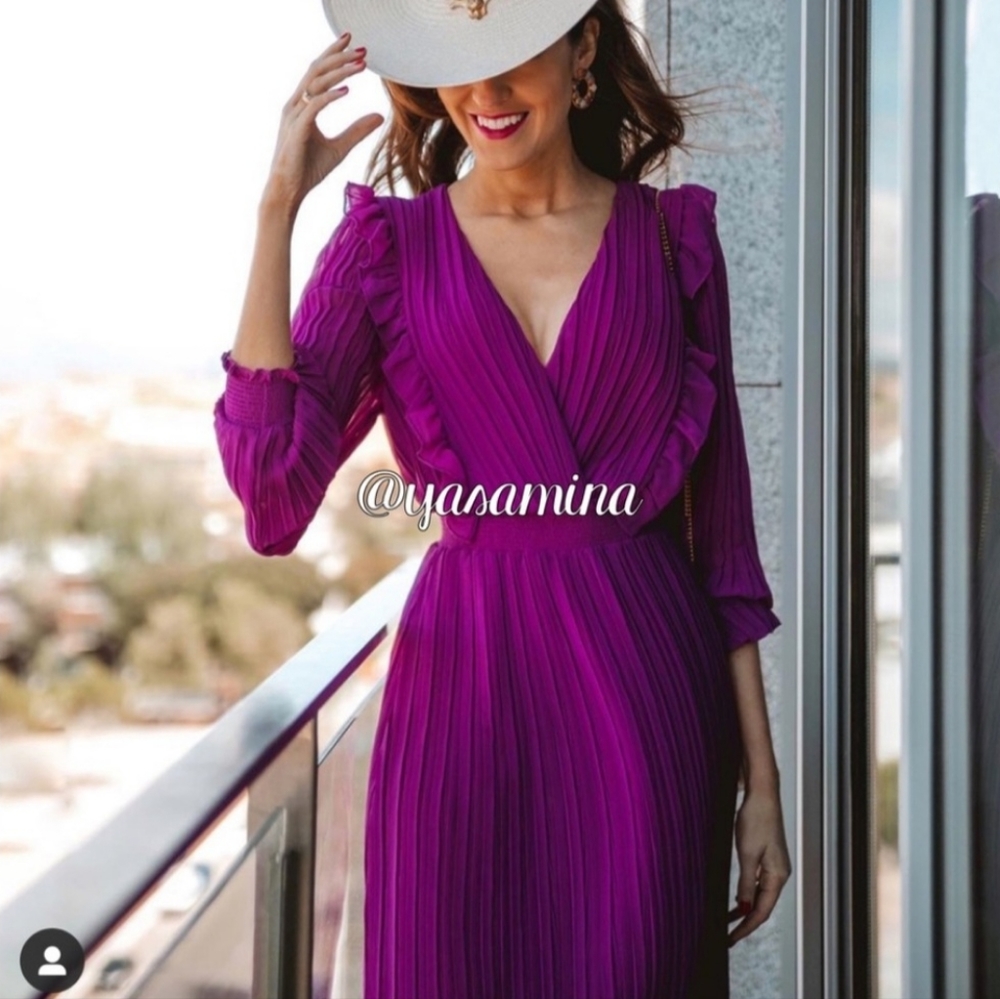 💜 ZARA Purple Pink Pleated Midi Dress - Bloggers Favorite 💜